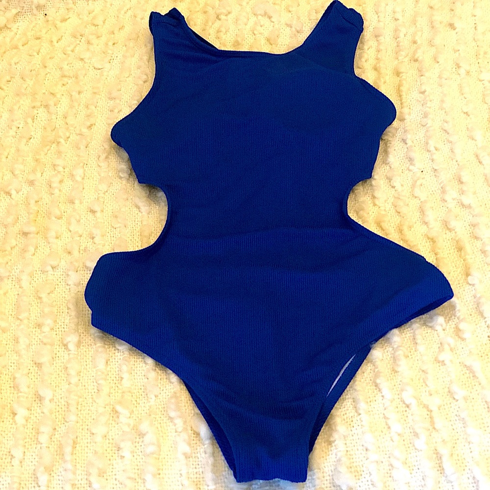 Blue Side Cutout Swimsuit with Crisscross Back